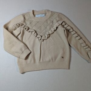 Girls Cream Cable Knit Sweater with Ruffle Detail On Sleeve 4T